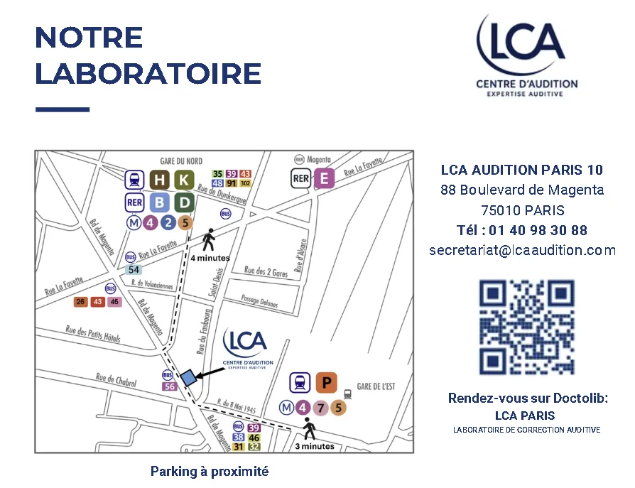 Plan d'accès LCA Audition Paris 10 Gare du Nord (4 min), Gare de l'Est (3 min), métros 4, 5, 7, RER B, D, E, Transilien H, K, P